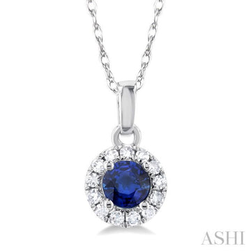3.25 MM Round Sapphire and 1/20 Ctw Single Cut Diamond Halo Precious Pendant with Chain in 14K White Gold
